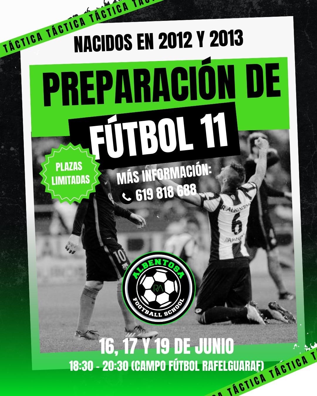 Entrenamientos de fútbol 11 para jugadores nacidos en 2012 y 2013 – Albentosa Football School Entrenamiento intensivo de fútbol 11 en Albentosa Football School para nacidos en 2012 y 2013 los días 16, 17 y 19 de junio en el Campo de Fútbol de Rafelguaraf.