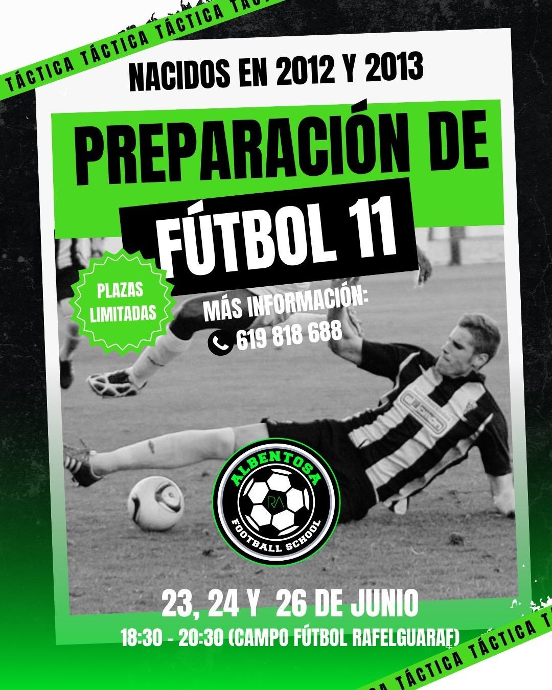 Programa de entrenamiento fútbol 11 – Albentosa Football School – 23 al 26 de junio Albentosa Football School ofrece sesiones de fútbol 11 para nacidos en 2012 y 2013 con entrenamientos los días 23, 24 y 26 de junio en el Campo de Fútbol de Rafelguaraf.